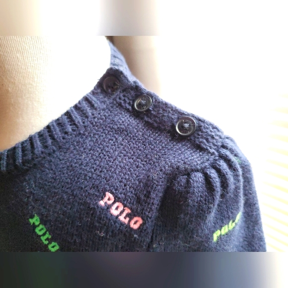 Navy POLO Ralph Lauren Multicolor Polo logo Toddler Girl Cable Knit Sweater. - Picture 2 of 3